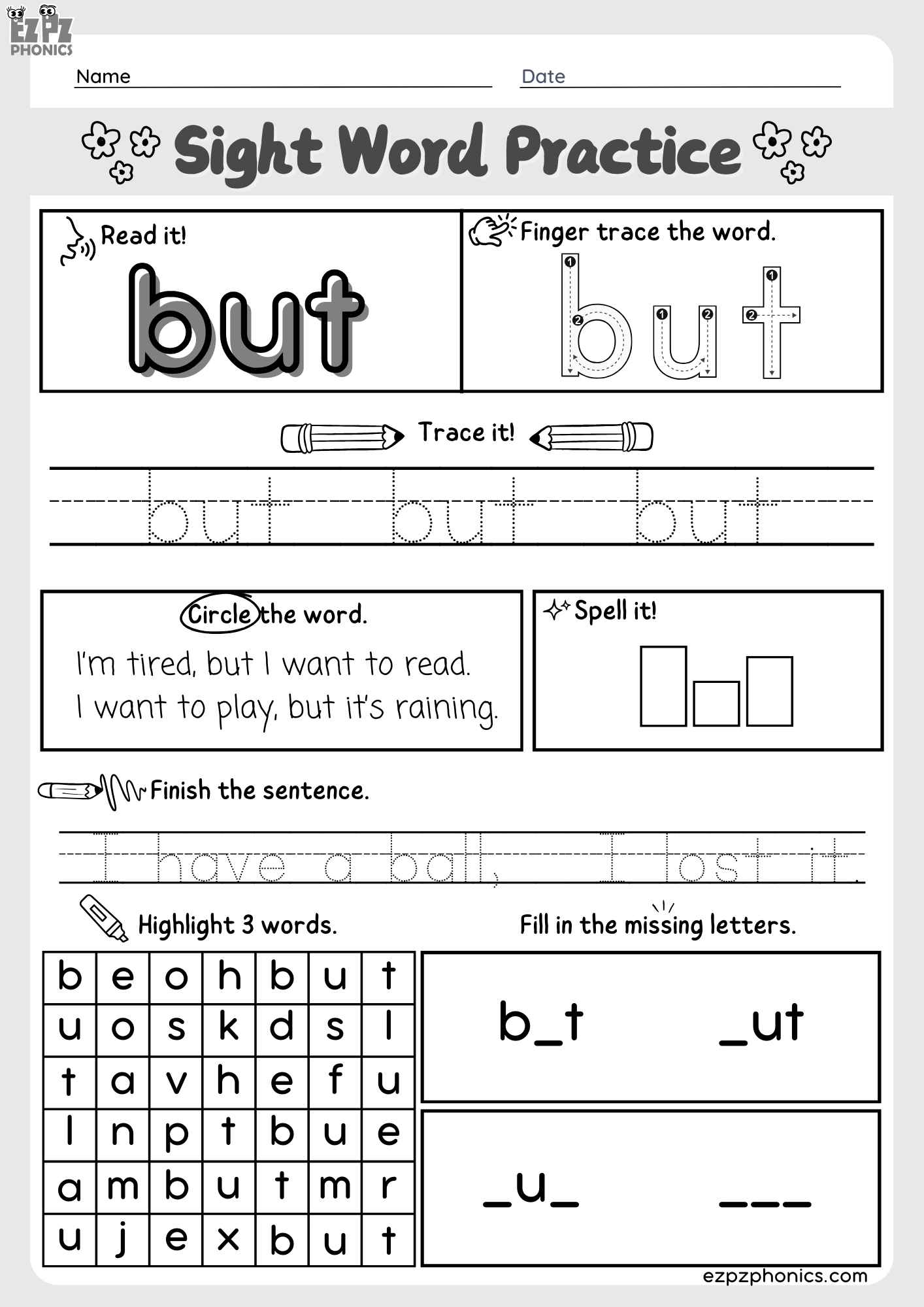 Dolch Kindergarten Sight Word “But” – Downloadable PDF Worksheet